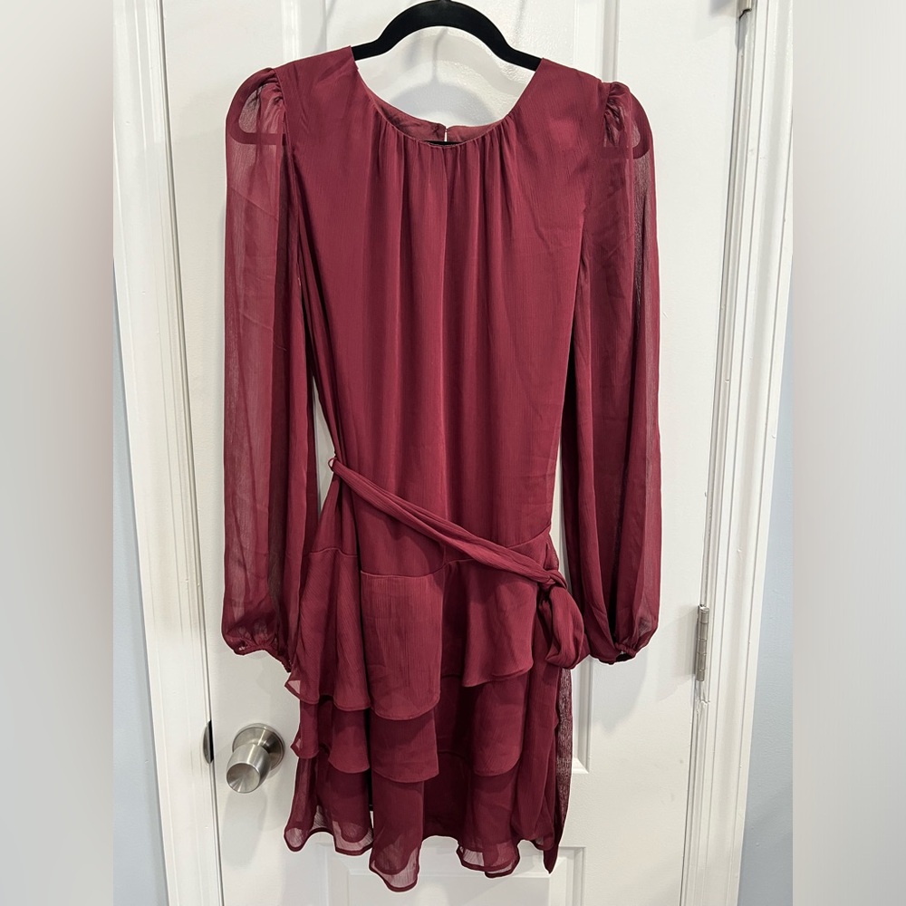 Express Long Sleeve Tie Waist Tiered Ruffle Mini Dress